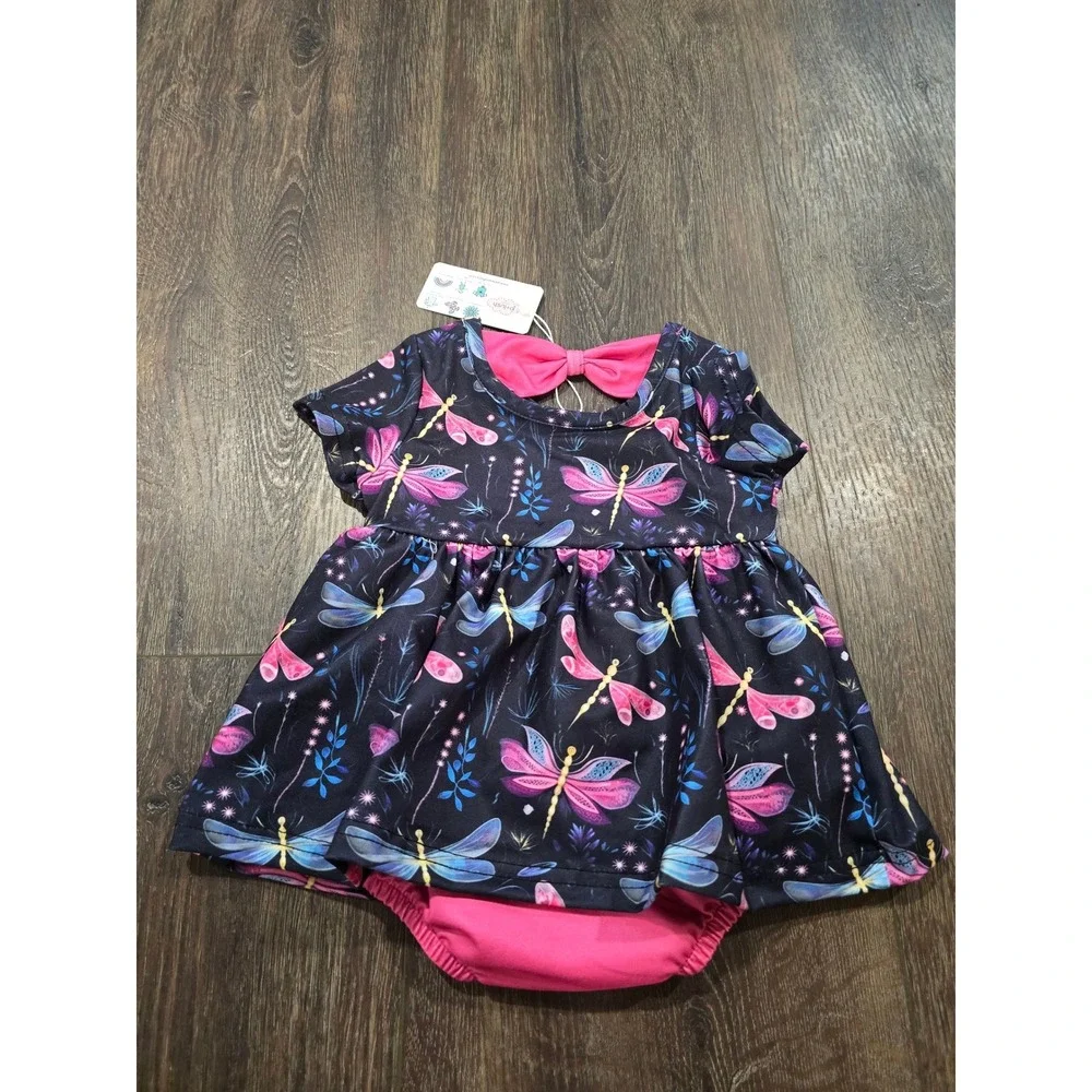 Pete + Lucy Baby Girl Dragonfly Print Romper Dress Pink Bow 3-6M NWT